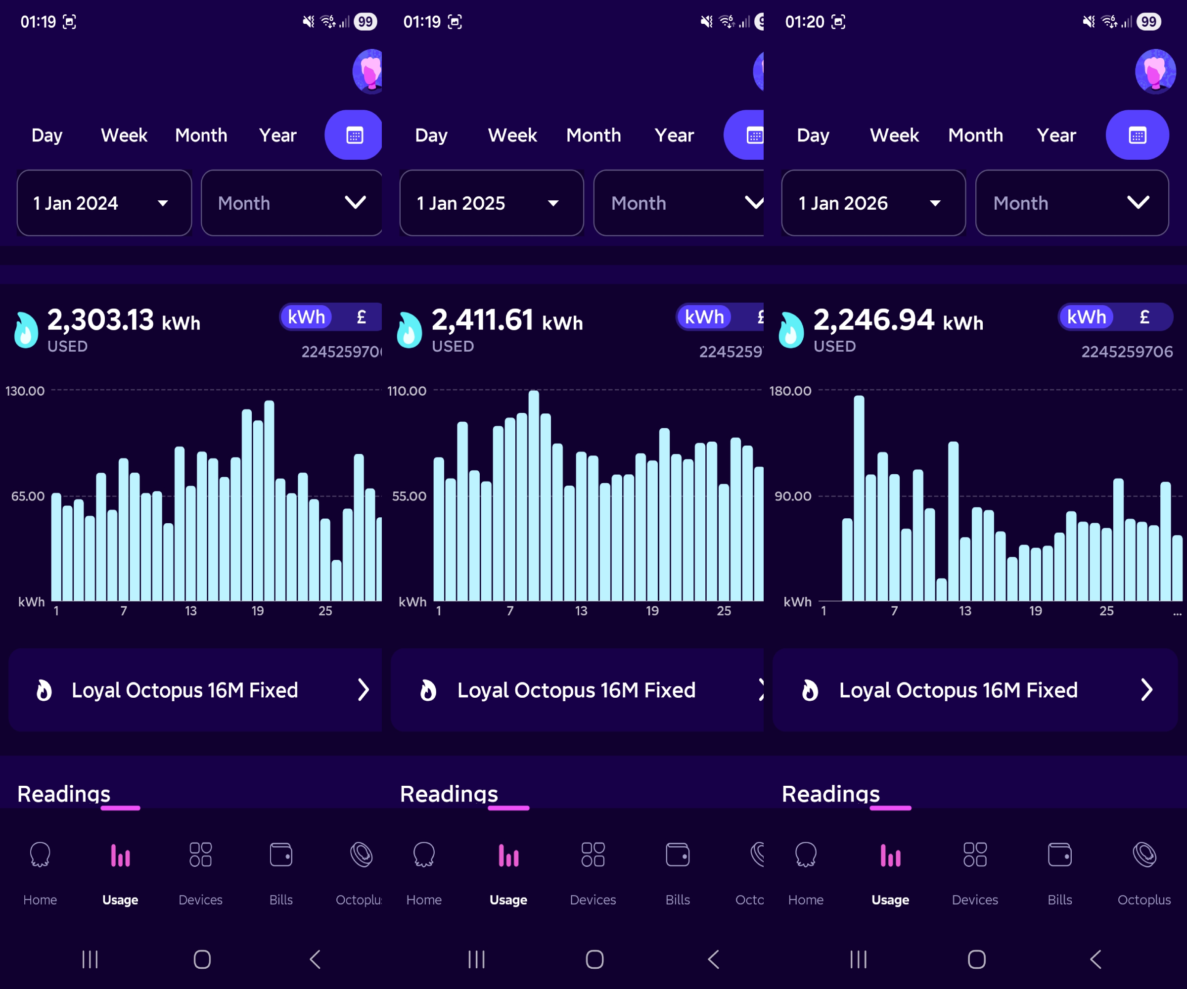 images of app screenshots showing January energy consumption over three years