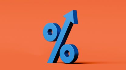 A blue percentage sign with the middle line an arrow pointing higher and an orange background