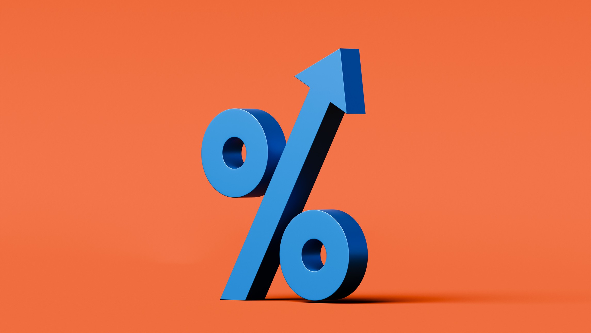 A blue percentage sign with the middle line an arrow pointing higher and an orange background