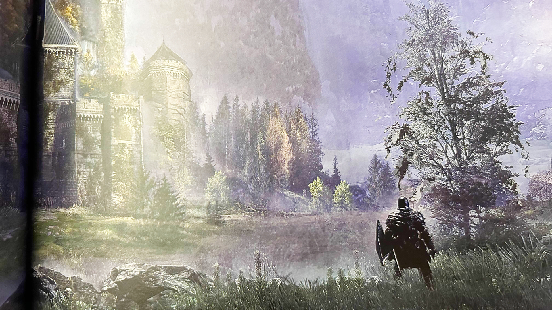 A photo of an Elden Ring concept art book. A player character stand-in steps out toward a lake in a grassy area.