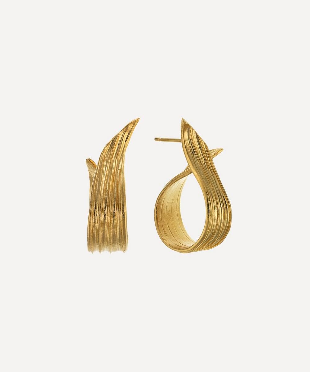 22ct Gold-Plated Wrapped Ribwort Plantain Leaf Twist Drop Earrings