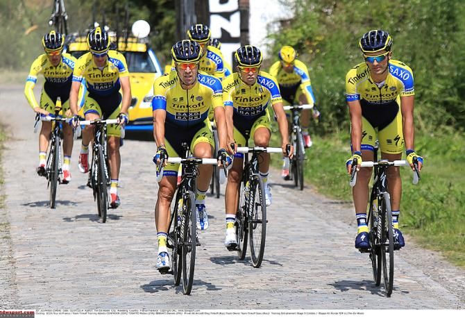 Tinkoff-Saxo's Tour de France team checks out the stage 5 cobbles