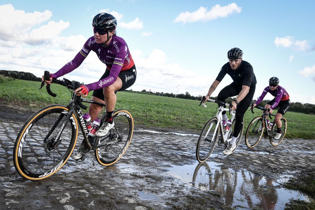 Dutch Chantal Blaak of Team SD Worx pictured in action during preparations ahead of the 118th edition of the ParisRoubaix one day cycling race from Compiegne near Paris to Roubaix Wednesday 29 September 2021 Due to the ongoing corona virus pandemic the 2020 edition was cancelled and the 2021 edition was postponed from spring to autumn For the first time there will be a womens race ParisRoubaix as well BELGA PHOTO DAVID STOCKMAN Photo by DAVID STOCKMANBELGA MAGAFP via Getty Images