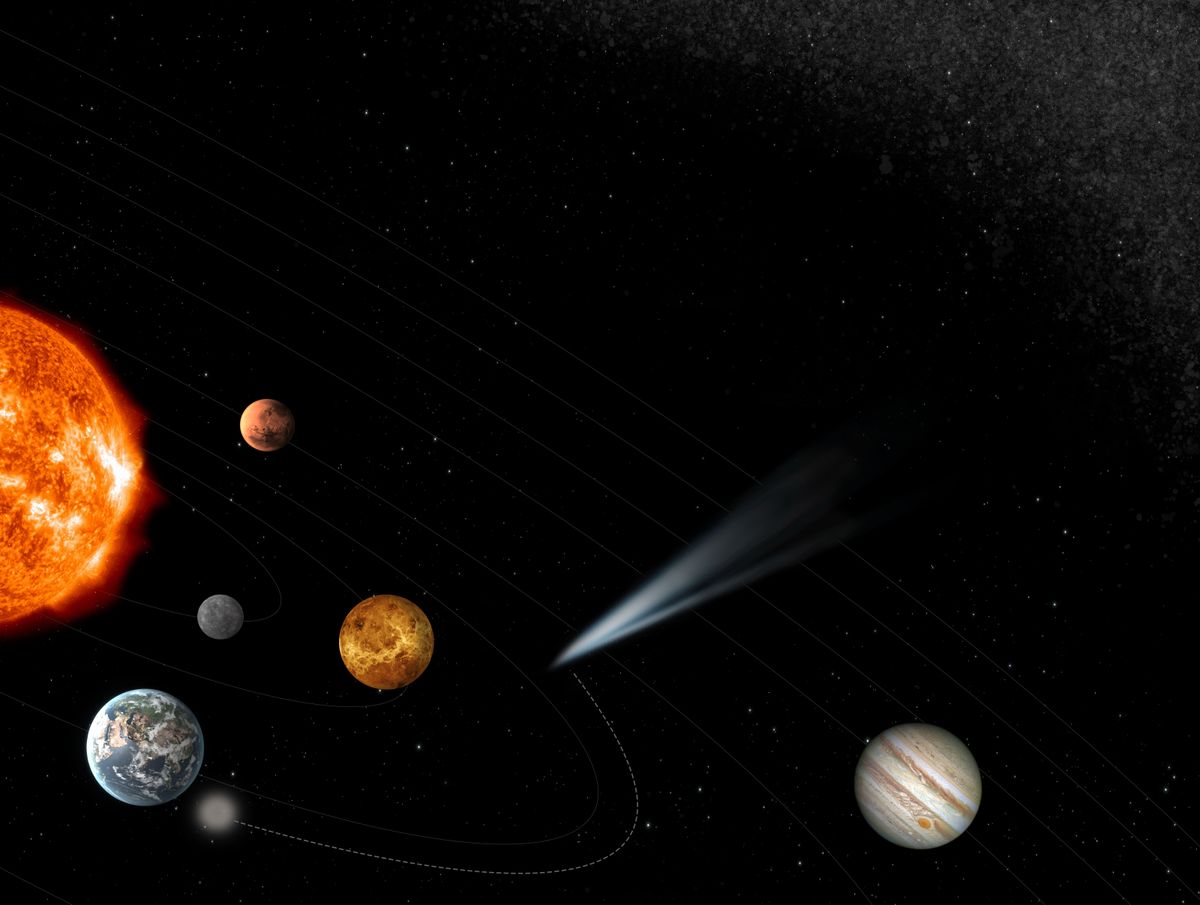 A graphic of the spacecraft&#039;s course to intercept the comet as it enters the inner solar system.