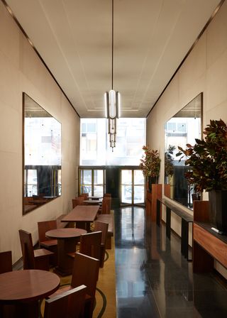 Cafe style seating in the 50 rockefeller plaza lobby