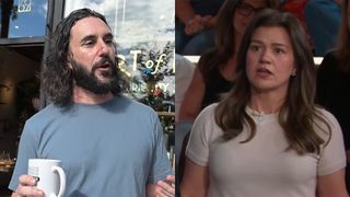 An interview with Adam Rubin outside Art of Play side-by-side with Kelly Clarkson looking upset during a Kelly Clarkson Show game.