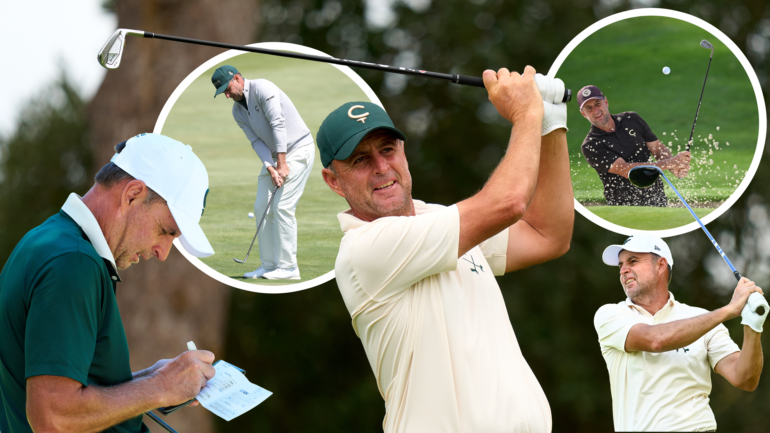 Richard Bland in five images, each showing a different area of the game of golf which he gives his expert tips for to help amateur golfers improve