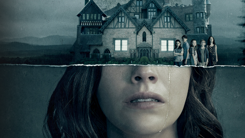 A haunted manor with a family standing in front split with a woman's face with a tear falling down her cheek
