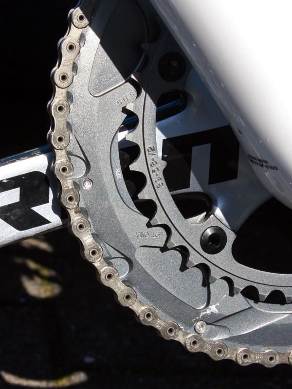 Standard-sized chainrings were fitted to Knaven's bike when we saw it three days before Paris-Roubaix. Had the weather looked ominous, mechanics planned to install a larger 44T inner ring.