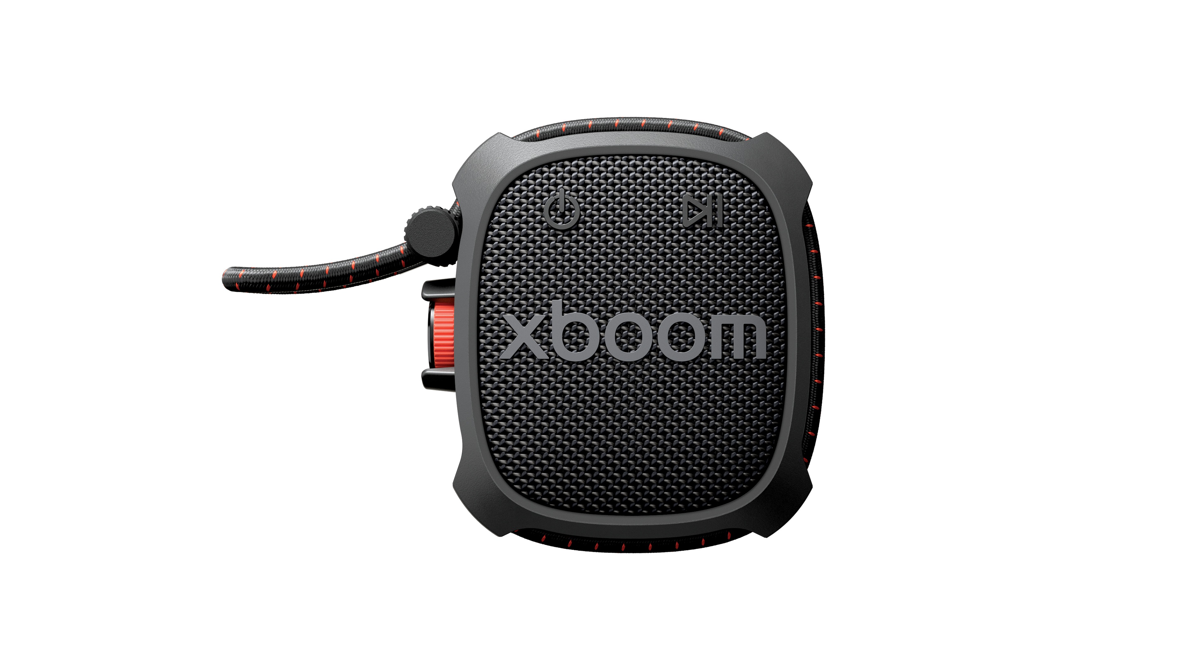 LG Xboom Rock Bluetooth speaker in black on a white background