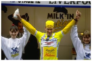 Chris Walker of Team Banana Falcon raises his arms aloft after winning the 1991 Milk Race in England