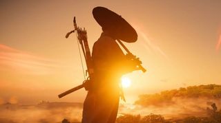 Jin Sakai playing a flute against the backdrop of a sunset