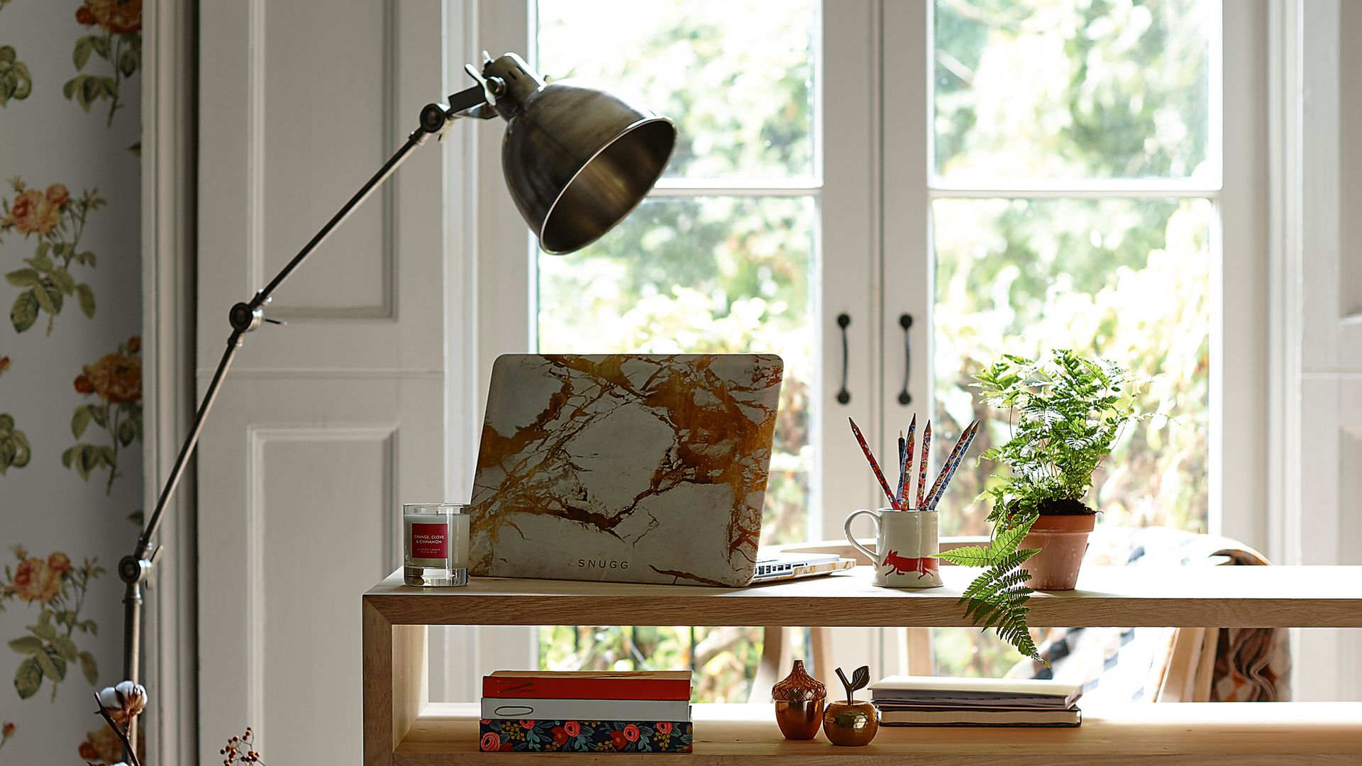 laptop on desk with large lamp and houseplant