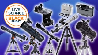 A selection of beginner telescopes on a blue background
