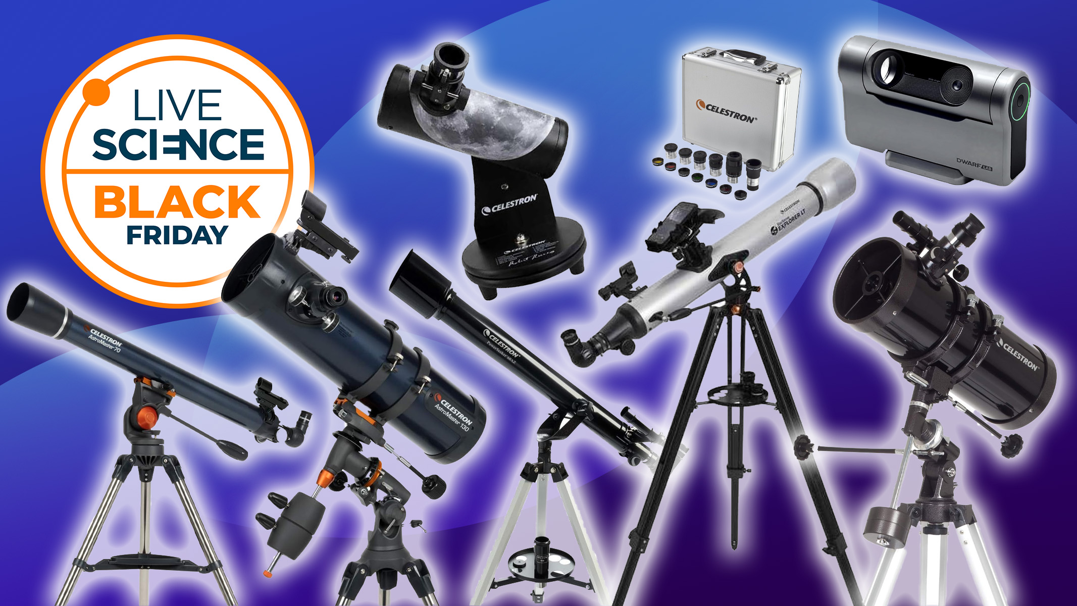 A selection of beginner telescopes on a blue background