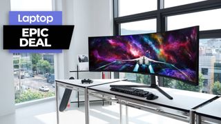 Samsung Odyssey Neo G9 curved monitor on a white tabletop with black keyboard and mouse