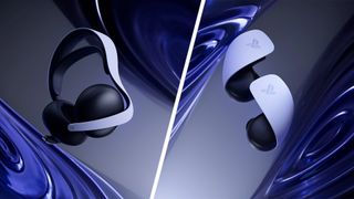 Split artwork of Sony's PlayStation Pulse Elite headset and Pulse Explore earbuds