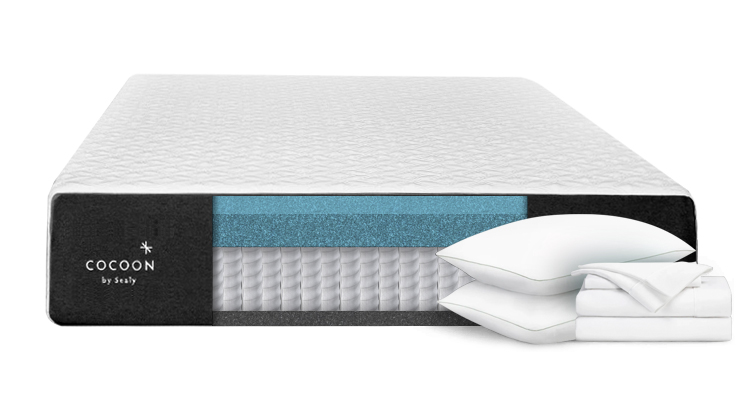 Cocoon by Sealy Hybrid mattress product shot with two pillows
