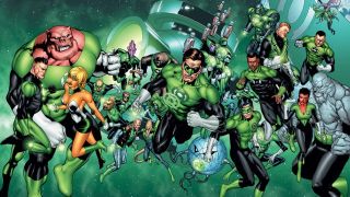 Numerous Green Lantern Corps members assembled together