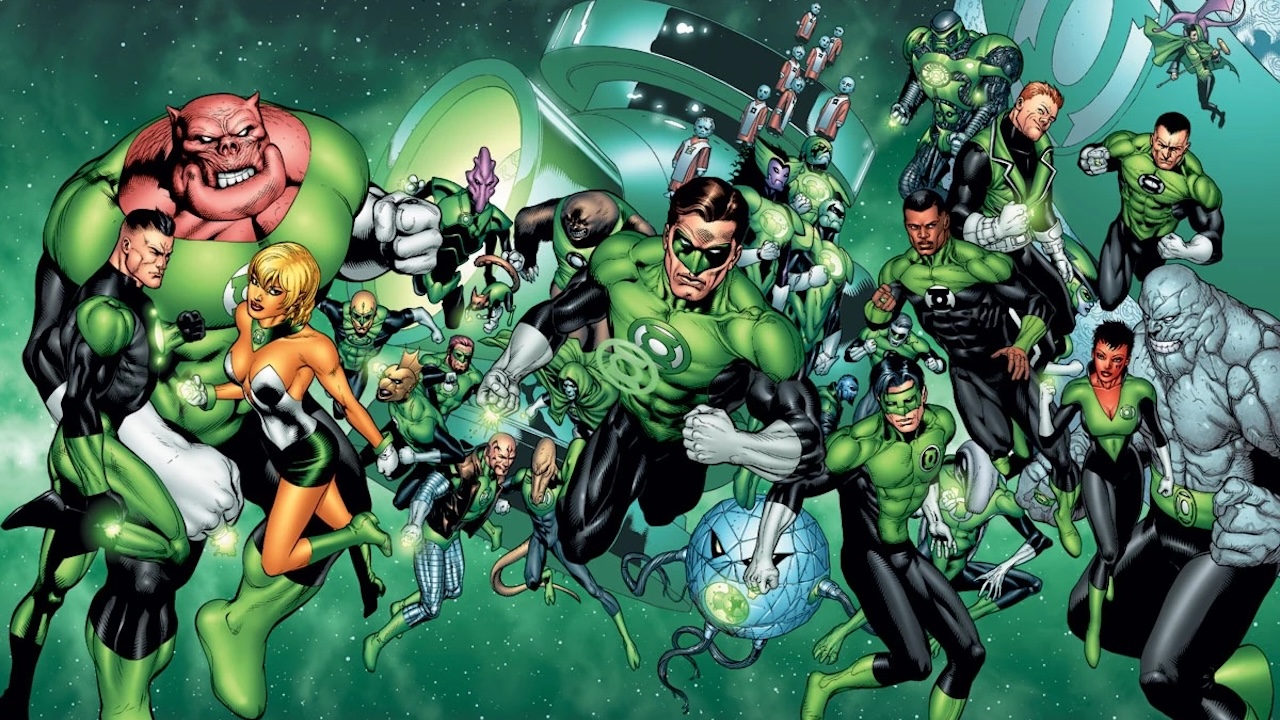 Numerous Green Lantern Corps members assembled together