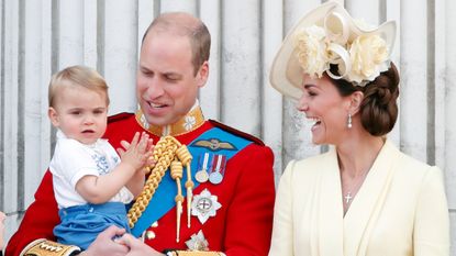 Prince William, Duke of Cambridge, Catherine, Duchess of Cambridge and Prince Louis of Cambridge stand on the balcony of Buckingham Palace during Trooping The Colour, the Queen's annual birthday parade, on June 8, 2019 in London, England.