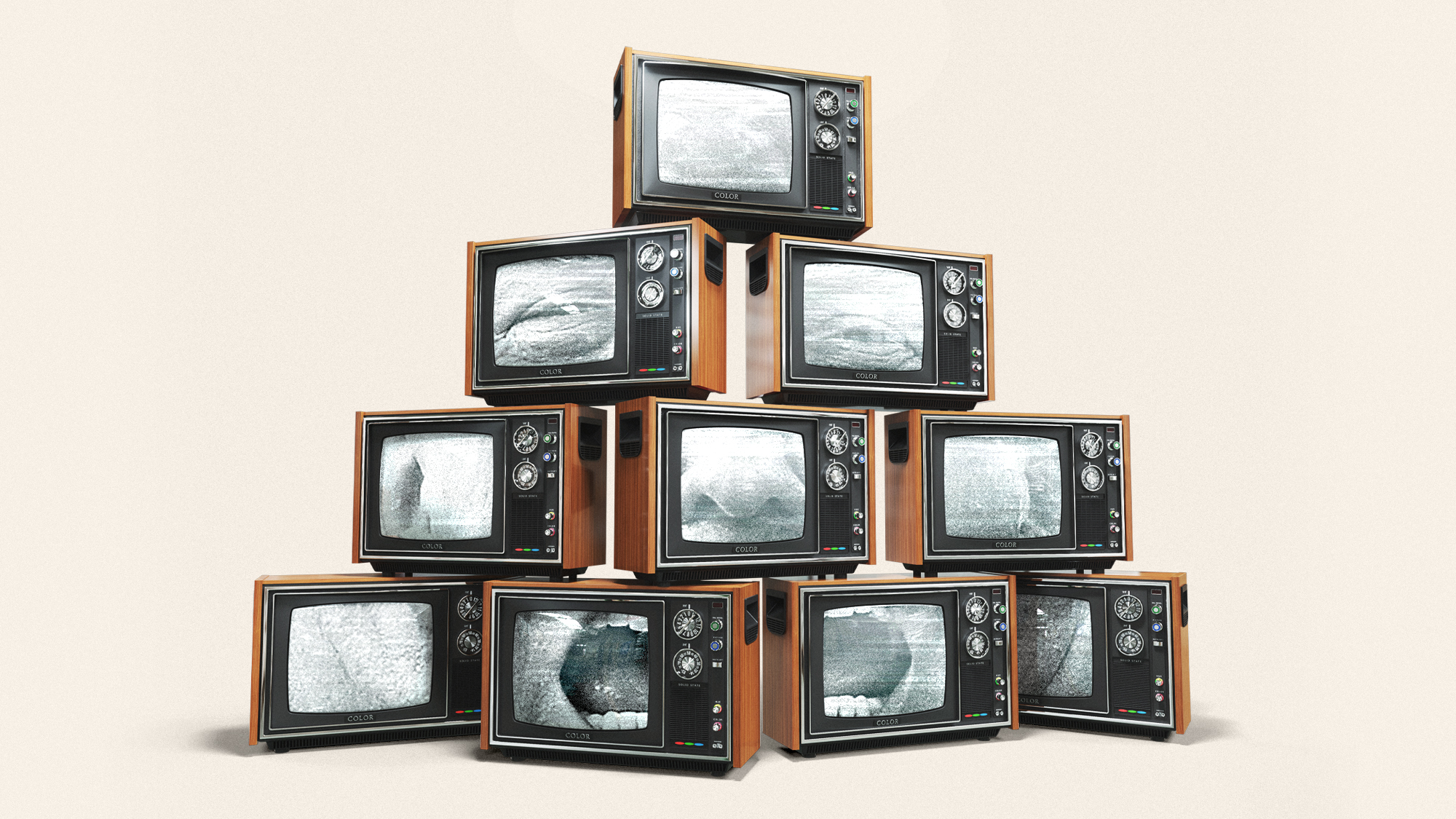 Illustration of a stack of televisions all broadcasting a section of Donald Trump's face