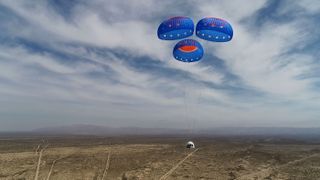 New Shepard crew capsule descends from space on Mission NS-15 on April 14, 2021.