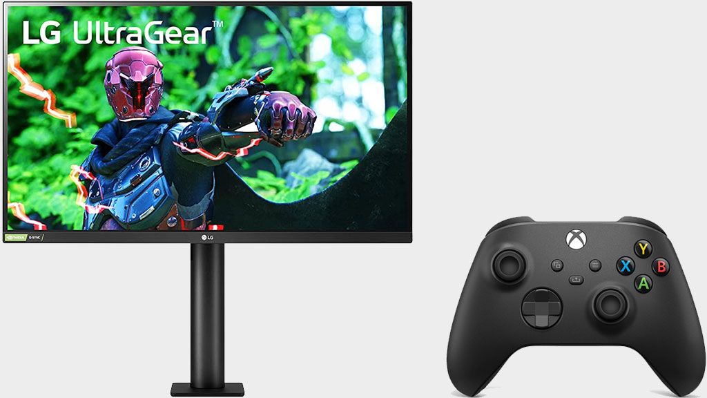 LG UltraGear 27-inch gaming monitor next to a Microsoft Xbox wireless controller on a gray background