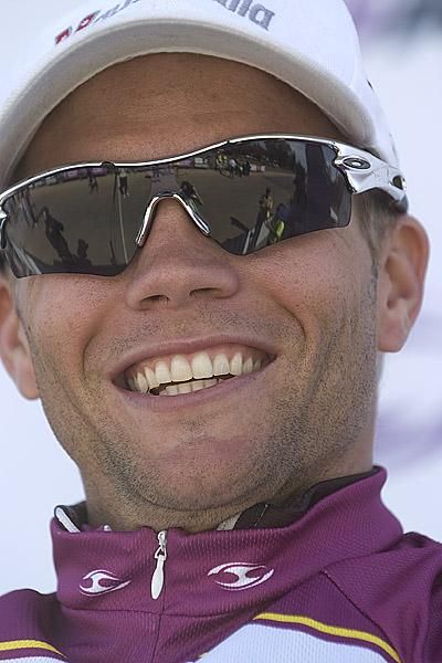 Happy times: Jonathan Cantwell (Fly V Australia) holds onto the Tour leader's purple jersey after the eighth stage in Robinvale.