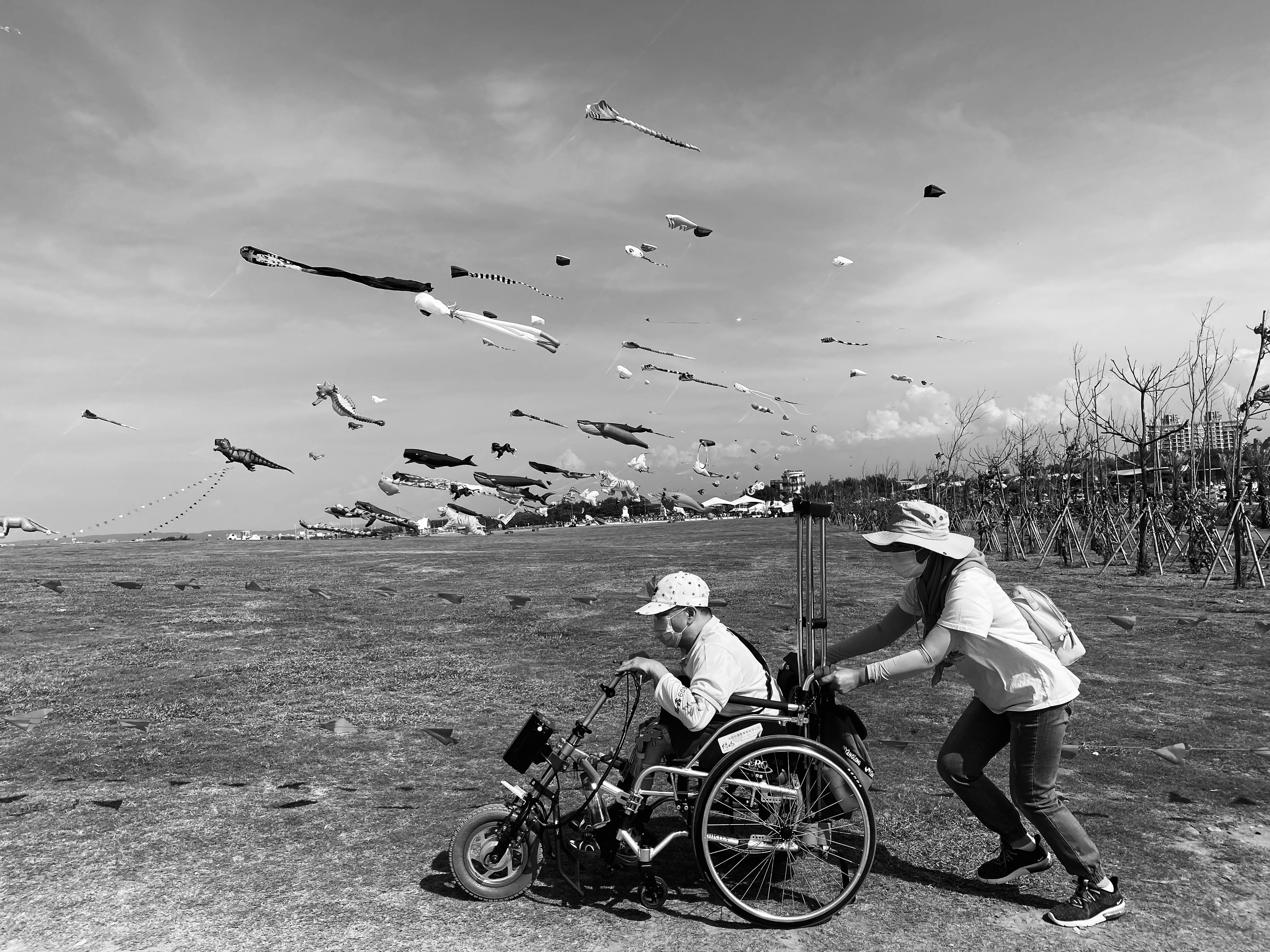 A man being pushed on a tricycle in front of kites