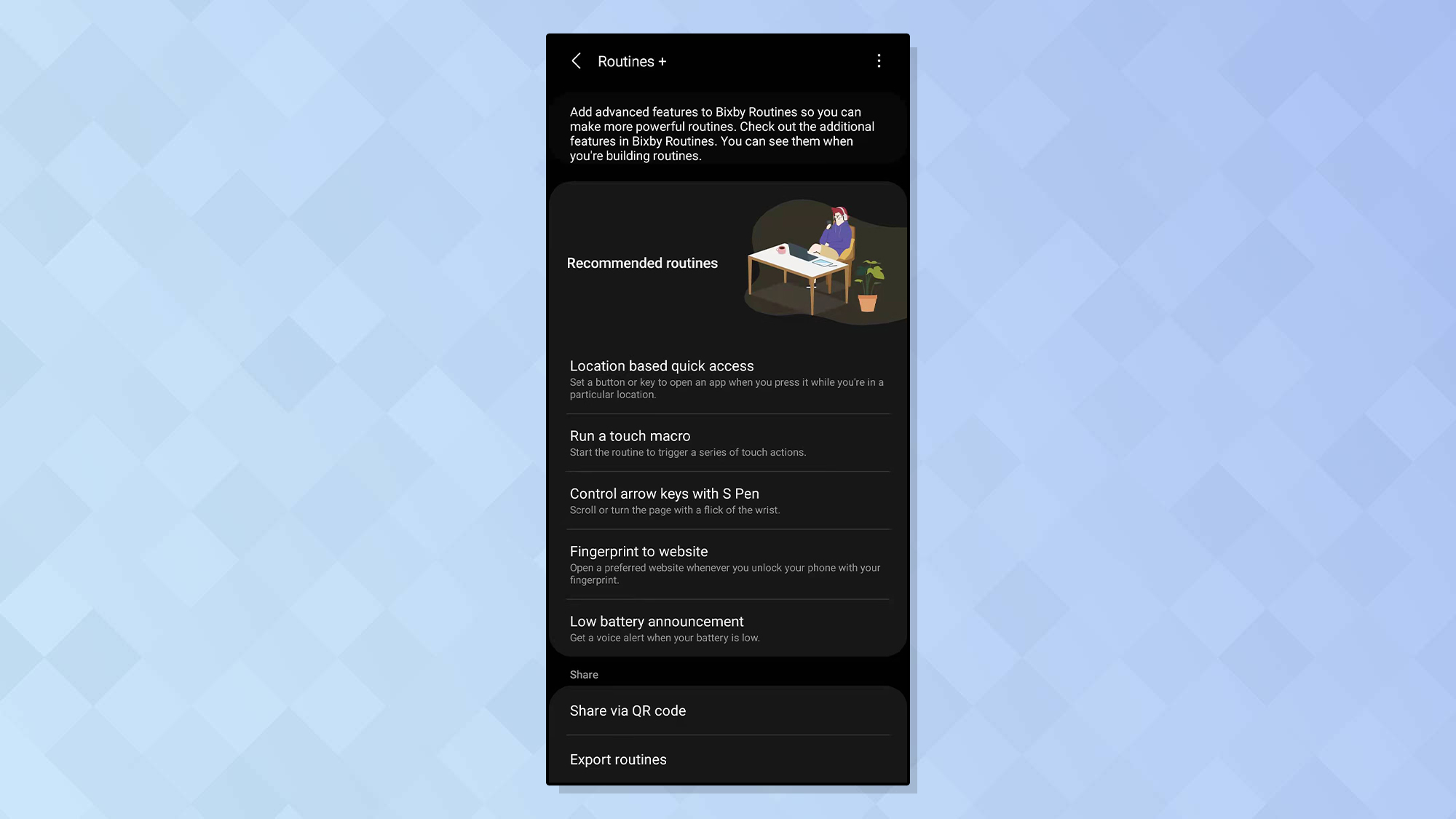 Screenshot of Samsung's GoodLock app showing Routine+ tools