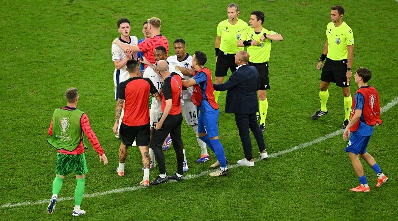 England midfielder Declan Rice clashes with Slovakia coach Francesco Calzona after the teams&#039; last-16 match at Euro 2024.