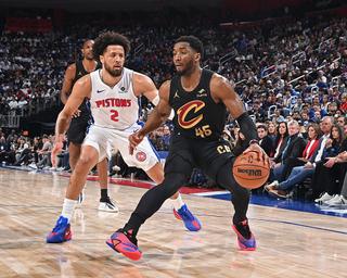 DETROIT, MI - MAY 5: Donovan Mitchell #45 of the Cleveland Cavaliers dribbles the ball during the game against the Detroit Pistons during Round Two Game One of the 2026 NBA Playoffs on May 5, 2026 at Little Caesars Arena in Detroit, Michigan. NOTE TO USER: User expressly acknowledges and agrees that, by downloading and/or using this photograph, User is consenting to the terms and conditions of the Getty Images License Agreement. Mandatory Copyright Notice: Copyright 2026 NBAE (Photo by Chris Schwegler/NBAE via Getty Images)