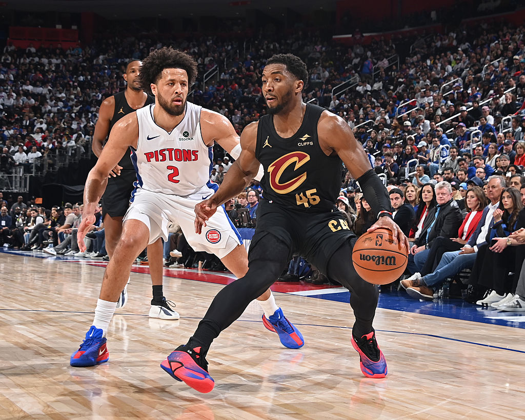 DETROIT, MI - MAY 5:  Donovan Mitchell #45 of the Cleveland Cavaliers dribbles the ball during the game against the Detroit Pistons during Round Two Game One of the 2026 NBA Playoffs on May 5, 2026 at Little Caesars Arena in Detroit, Michigan. NOTE TO USER: User expressly acknowledges and agrees that, by downloading and/or using this photograph, User is consenting to the terms and conditions of the Getty Images License Agreement. Mandatory Copyright Notice: Copyright 2026 NBAE (Photo by Chris Schwegler/NBAE via Getty Images)