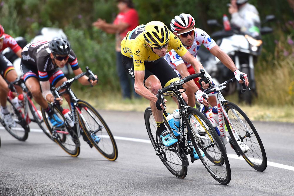 Chris Froome rides in the bunch during stage 15.