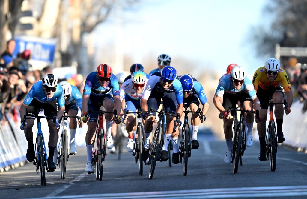 ARLES FRANCE FEBRUARY 11 LR Sam Bennett of Ireland and Decathlon AG2R La Mondiale Team Mads Pedersen of Denmark and Team Lidl Trek Blue Leader Jersey stage winner Tom Van Asbroeck of Belgium and Team Israel Premier Tech and Axel Zingle of France and Team Cofidis Blue Points Jersey sprint at finish line during the the 8th Tour de la Provence 2024 Stage 3 a 1832km stage from Rognac to Arles on February 11 2024 in Arles France Photo by Billy CeustersGetty Images