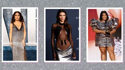 silver fashion: Salma Hayek, Kendall Jenner and Lizzo pictured wearing silver outfits in a 3-pictured silver glitter template