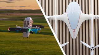 An Amazon delivery drone over a field next to a top-down photo of the Doordash delivery drone