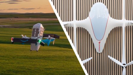 An Amazon delivery drone over a field next to a top-down photo of the Doordash delivery drone