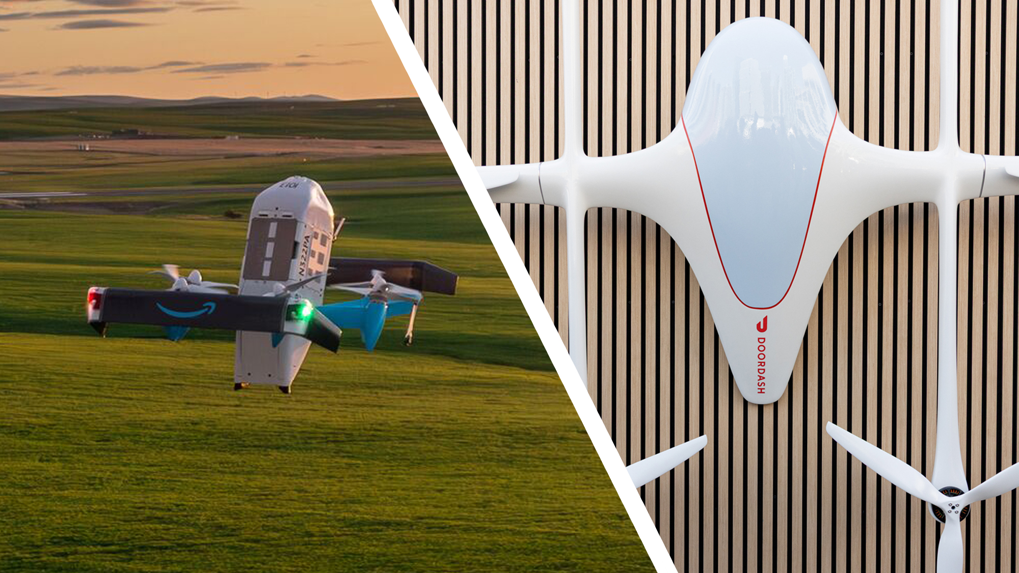 An Amazon delivery drone over a field next to a top-down photo of the Doordash delivery drone