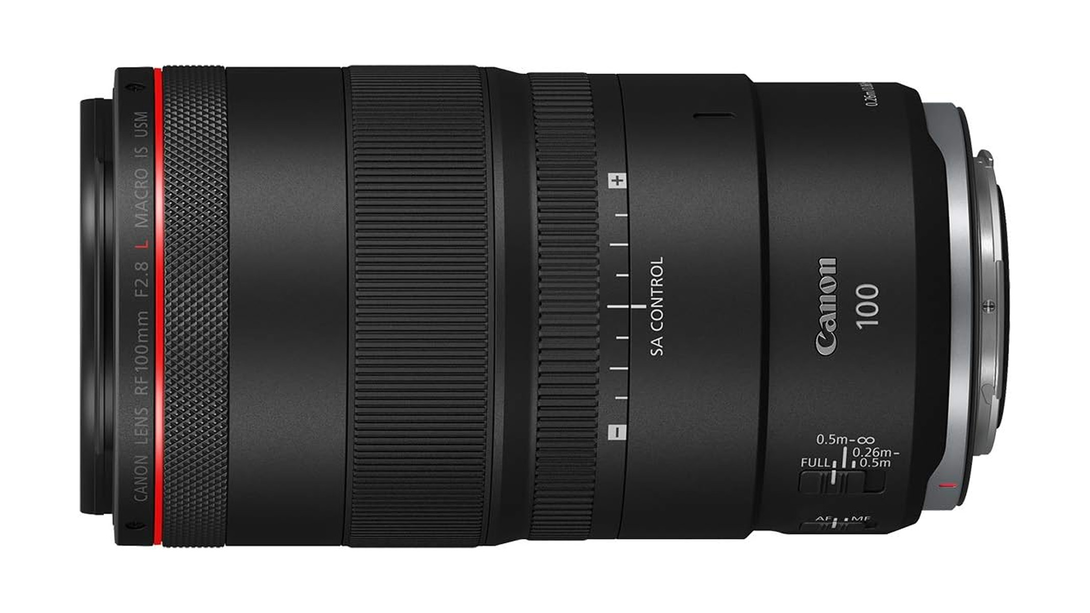 Canon RF 100mm F2.8L Macro IS USM lens on a white background