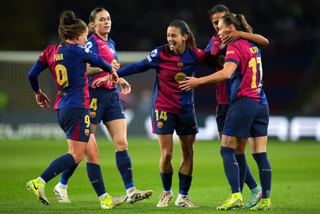 Barcelona celebrate a goal against Manchester City