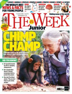 Front cover of The Week Junior issue 513 featuring a photo of Jane Goodall with a baby chimp. The headline is "Chimp champ".