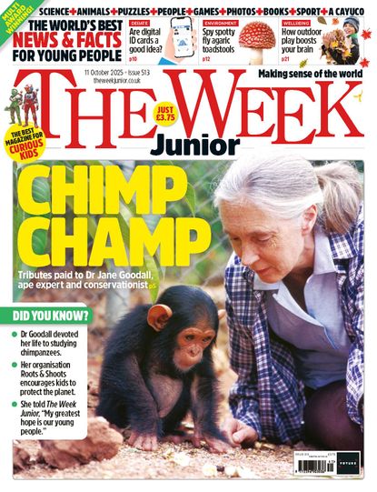 Front cover of The Week Junior issue 513 featuring a photo of Jane Goodall with a baby chimp. The headline is "Chimp champ".
