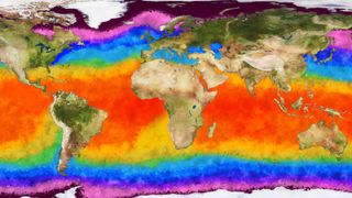 A rainbow-colored map of the world showing different sea surface temperatures across the globe.