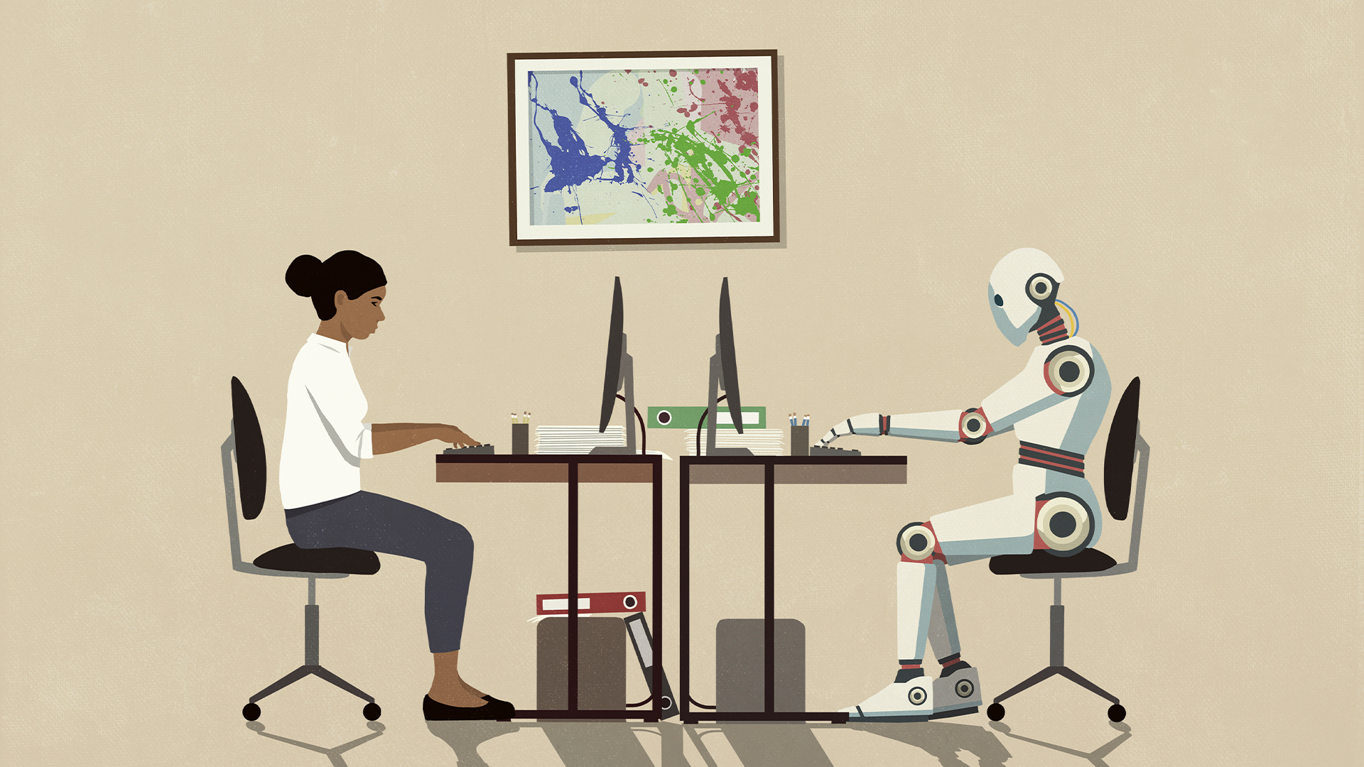 Human female working on a desktop computer with a robotic AI agent working on desktop computer facing each other. 