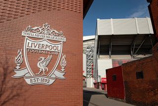 The Liverpool FC club crest on a wall outside the Anfield Stadium, home of Liverpool FC on March 24, 2022 in Liverpool, England. (Photo by Visionhaus/Getty Images)