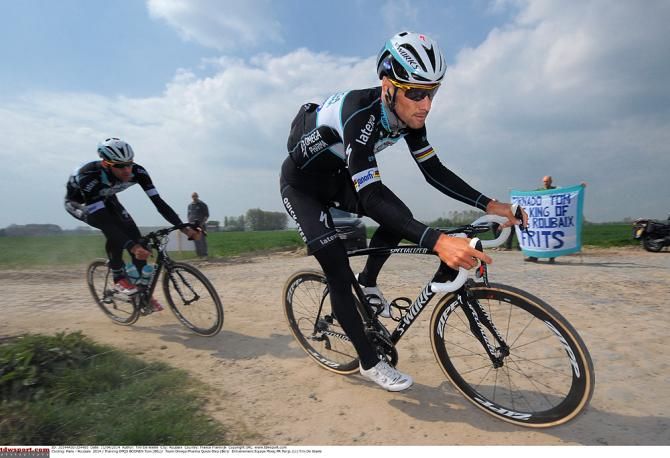 Tom Boonen and the Omega Pharma team pre-ride the course of Paris-Roubaix
