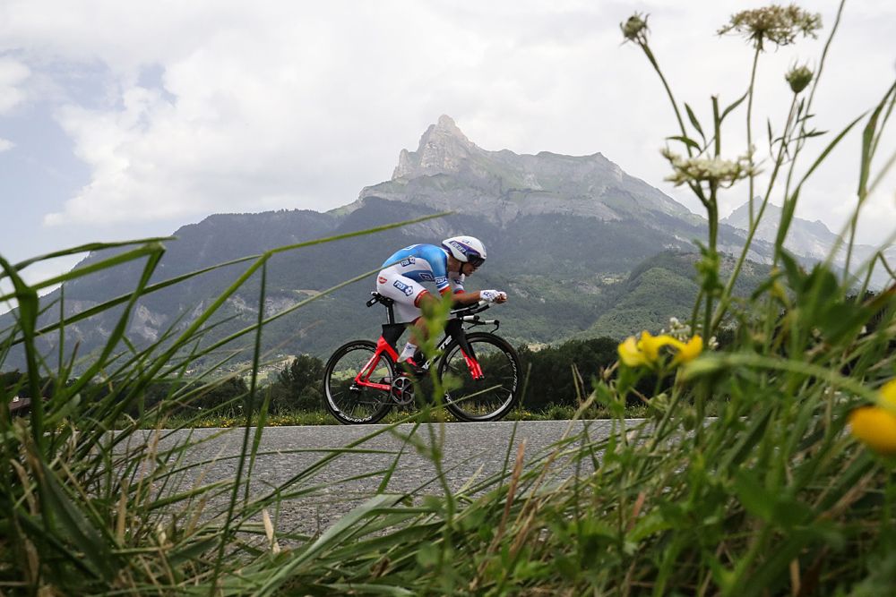 The Alps tower over the riders in the Sallanches time trial