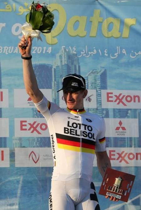 Qatar stage 5 winner Andr&eacute; Greipel on the podium